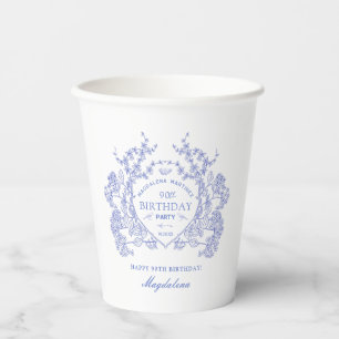 Vasos De Papel 90.º cumpleaños Personalizado Escudo Floral Azul f
