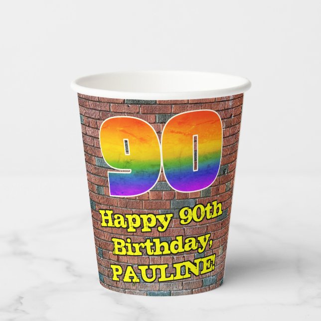 Vasos De Papel 90° cumpleaños: Arcoiris 90 inspirado en graffitis (Reverso )