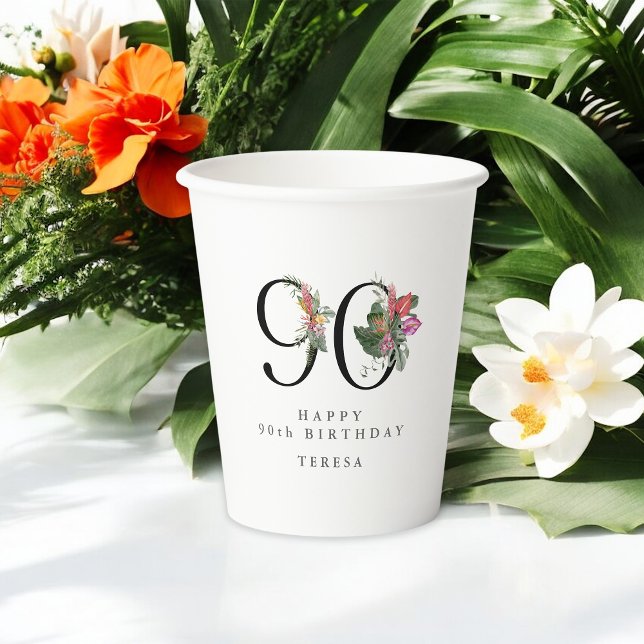 Vasos De Papel 90th Birthday Cheers with Name Tropical Floral (Subido por el creador)