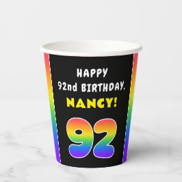 Vasos De Papel 92º cumpleaños: arcoiris colorido # 92, nombre per