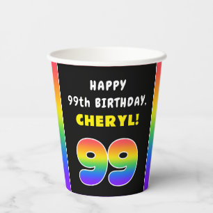 Vasos De Papel 99º cumpleaños: arcoiris colorido # 99, nombre per
