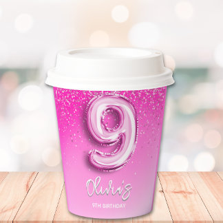 Vasos De Papel 9th Birthday Gir - with Pink Number Balloon