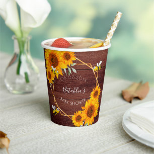 Vasos De Papel Abejas Baby Shower girasoles madera rústica marrón