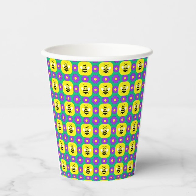 Vasos De Papel Abejas de Dibujos Animados y Flores (Anverso)