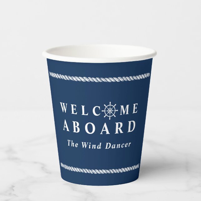 Vasos De Papel Abordo de bienvenida con el nombre del barco azul  (Anverso)
