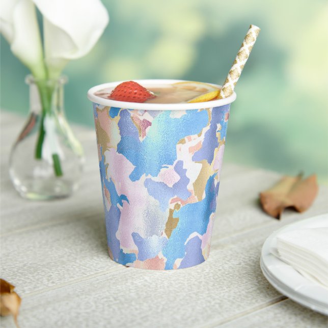 Vasos De Papel Abstract Camouflage Style Blue Pink Gold Design (in situ)