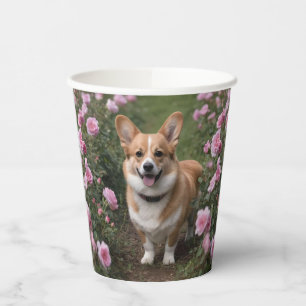 Vasos De Papel "Acompañante encantador: Un Corgi en un Jardín ros