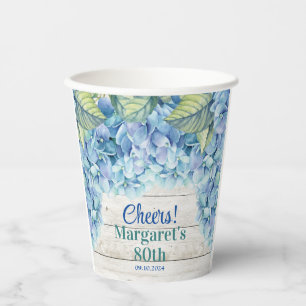 Vasos De Papel Acuarela Azul Hidrangea 80 cumpleaños