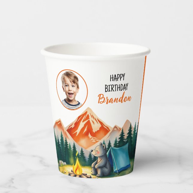 Vasos De Papel Acuarela Camping Blanco Oso Niños Foto Cumpleaños (Anverso)