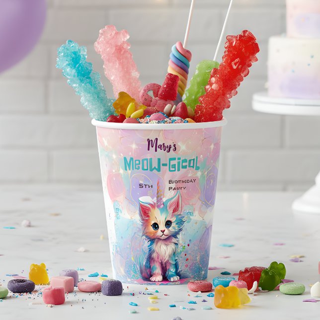 Vasos De Papel Acuarela Caticorn Meow-Gical Cumpleaños (Subido por el creador)