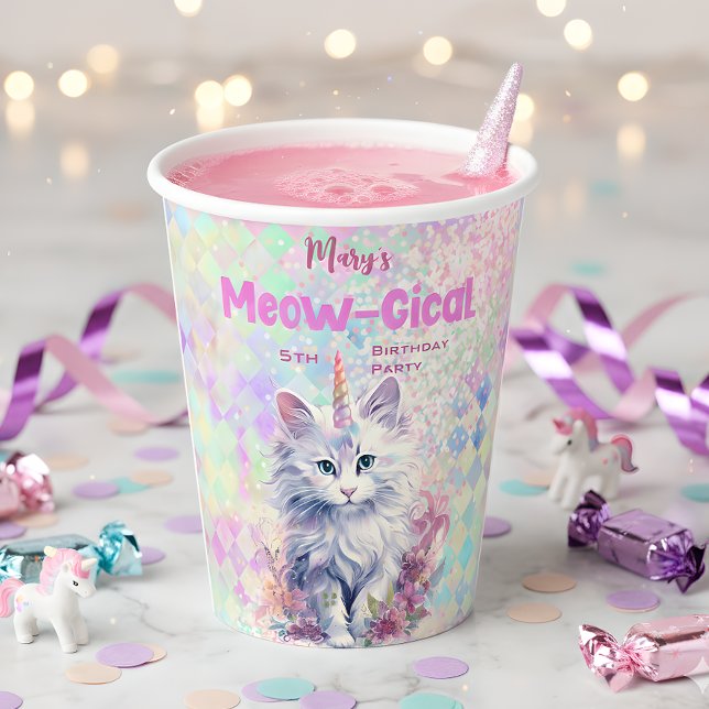 Vasos De Papel Acuarela Caticorn Meow-Gical Cumpleaños (Subido por el creador)
