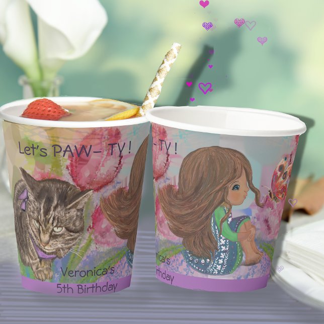 Vasos De Papel Acuarela Cumpleaños Niños Típicos Tubo de Papel (Watercolor Birthday Kids Pink Tulip Paper cup)