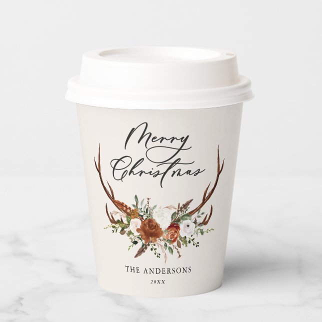 Vasos De Papel acuarela de ciervo floral feliz navidad (Anverso)