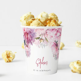 Vasos De Papel acuarela de fiesta de cumpleaños de las peonías ro