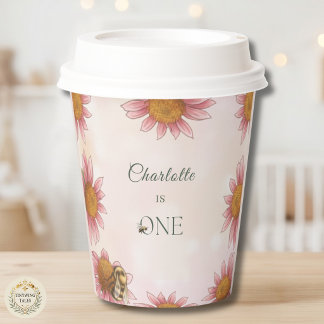 Vasos De Papel Acuarela Echinacea y Abejorro Cumpleaños 1er