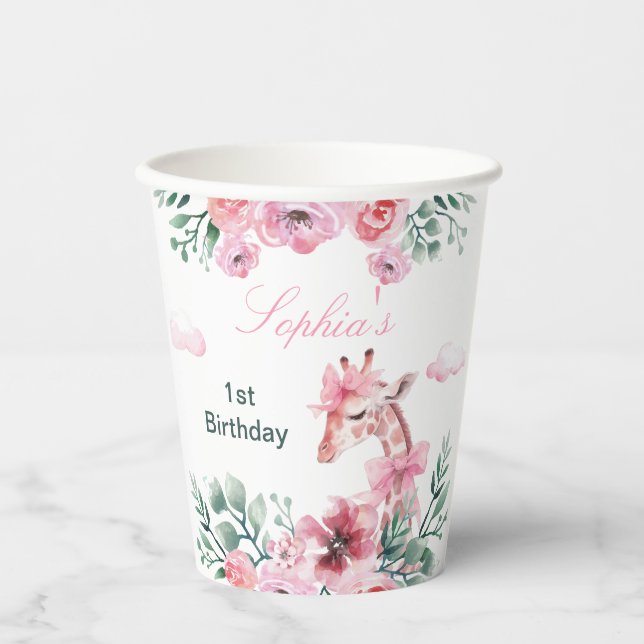 Vasos De Papel Acuarela Floral Giraffe Ribbon Chica Cumpleaños (Anverso)