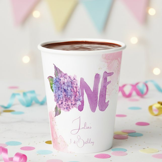 Vasos De Papel Acuarela hidrangea primer Cumpleaños (Subido por el creador)