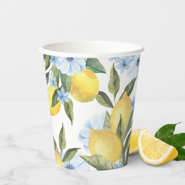 Vasos De Papel Acuarela Limón y Flor Azul (Watercolor Lemon and Blue Flower Paper Cups for Birthday, Baby Shower or Bridal Shower - Sets of 8)
