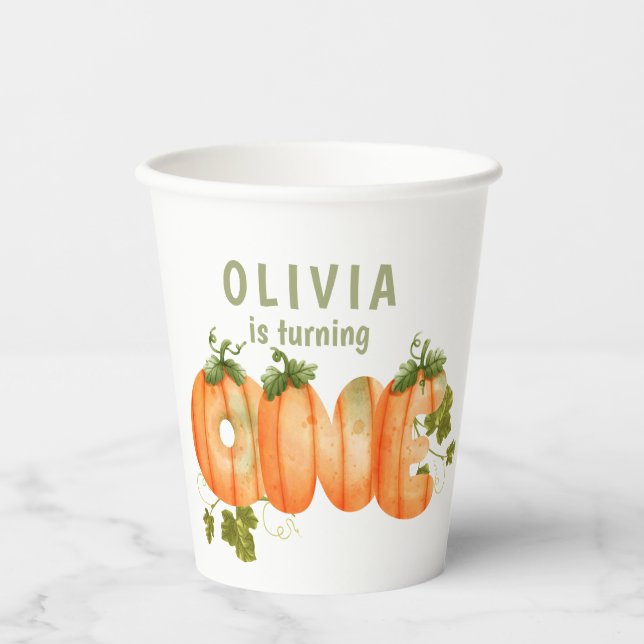 Vasos De Papel Acuarela lindo Calabaza Primer Cumpleaños Calabaza (Anverso)