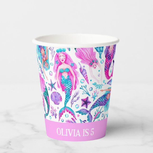 Vasos De Papel Acuarela Mermaids Estantes de mar + Starfish Cumpl (Anverso)