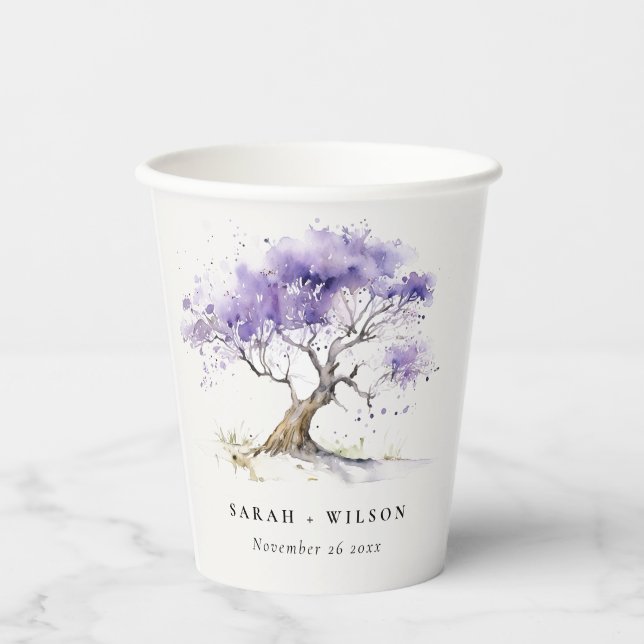 Vasos De Papel Acuarela mínima Lilac Jacaranda Tree Boda (Anverso)