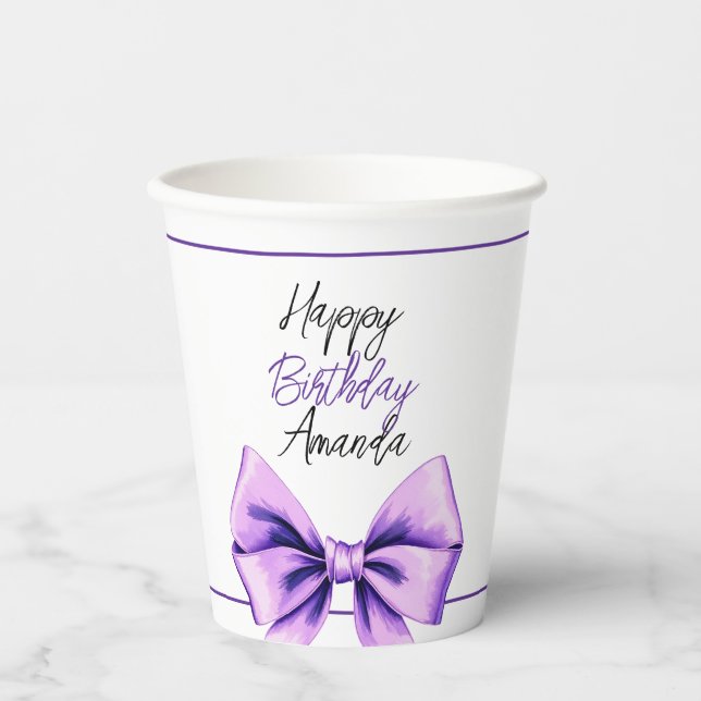 Vasos De Papel Acuarela Morado Bow Dulce 16 Cumpleaños (Anverso)