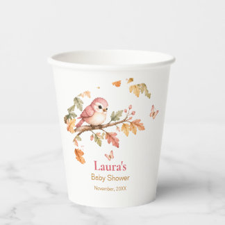 Vasos De Papel Acuarela Otoño Bosque Pájaro y Hojas de Otoño