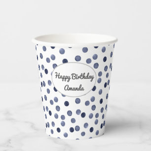 Vasos De Papel Acuarela. Punto de polka azul. Placa de papel