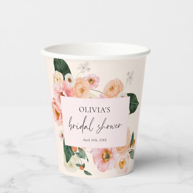 Vasos De Papel Acuarela Rosa Melocotón Floral  (Anverso)