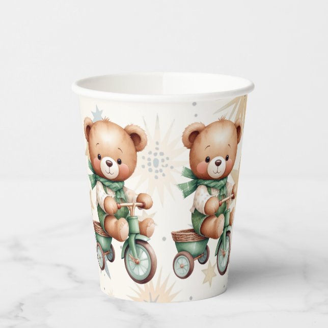 Vasos De Papel Acuarela Teddy Bear Stars Green Bike Fiesta (Izquierda)