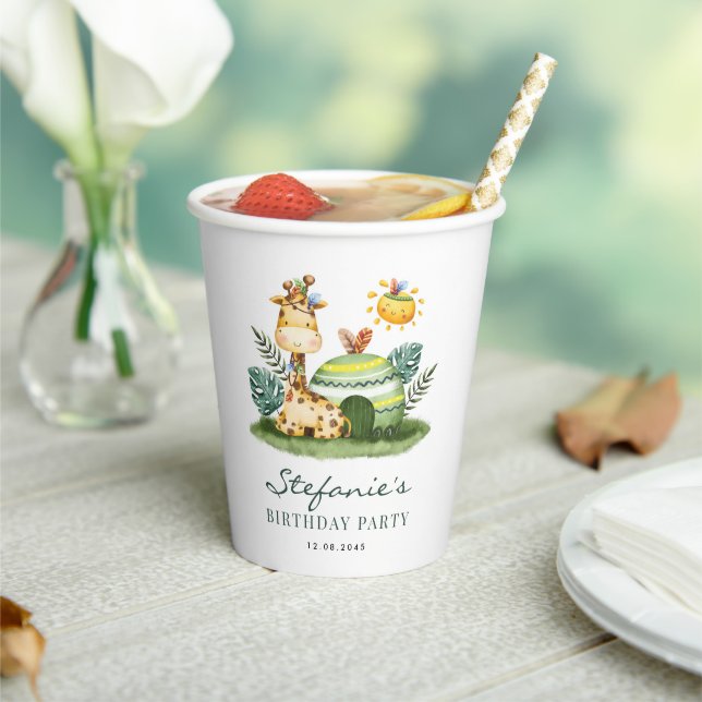 Vasos De Papel Acuarela Tribal Giraffe Safari Tema Cumpleaños (in situ)