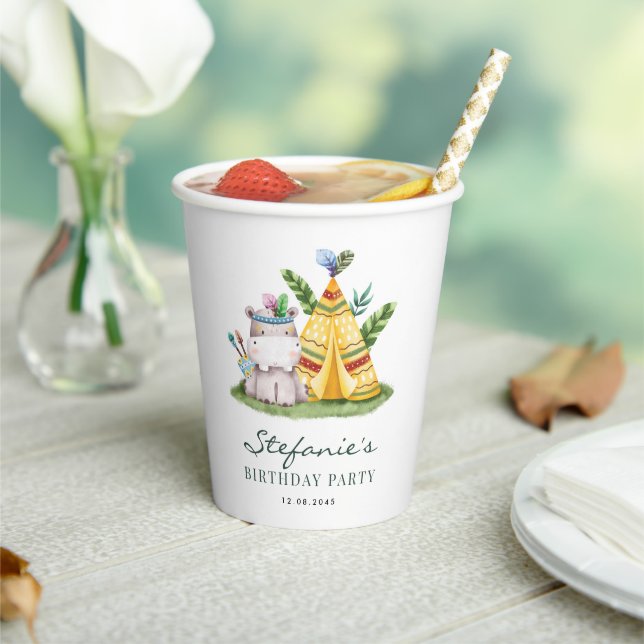 Vasos De Papel Acuarela Tribal Hippo Safari Tema Cumpleaños (in situ)