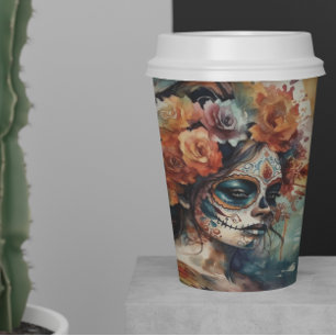 Vasos De Papel Acuarela vibrante Dia de los Muertos Catrina