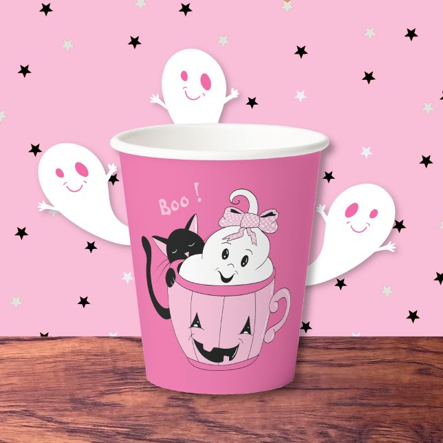 Vasos De Papel Adorable Black Cat Ghost Pink Halloween Paper Cup (Adorable black cat and ghost pink Halloween paper cup (single , no lid) .)