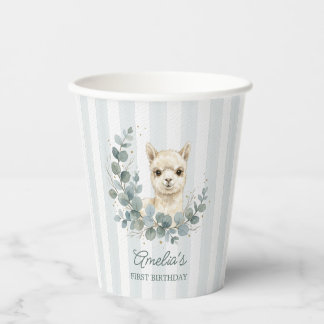 Vasos De Papel Adorable Cumpleaños Alpaca Acuarela Crema