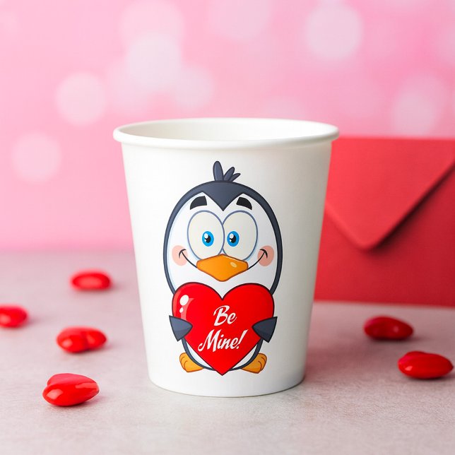 Vasos De Papel Adorable Penguin Holding Be Mine Heart (Subido por el creador)