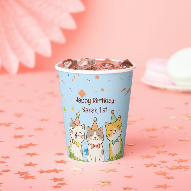 Vasos De Papel Adorable Trio of Birthday Cats | Custom Name & Age (in situ)