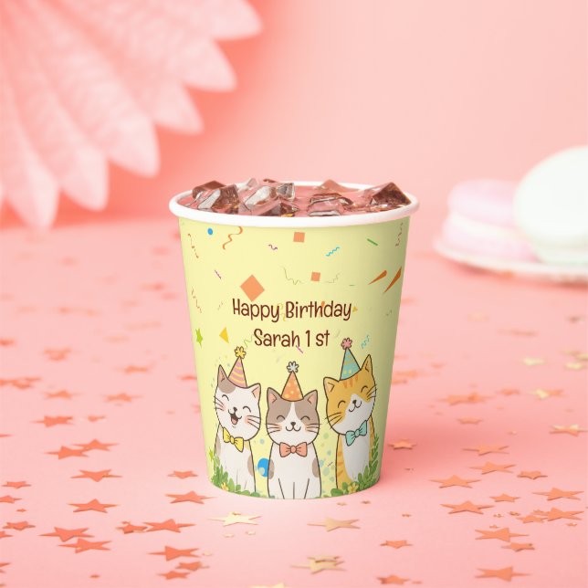 Vasos De Papel Adorable Trio of Birthday Cats | Custom Name & Age (in situ)