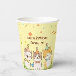 Vasos De Papel Adorable Trio of Birthday Cats | Custom Name & Age