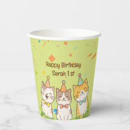Vasos De Papel Adorable Trio of Birthday Cats | Custom Name & Age