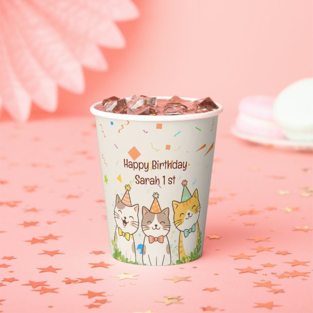 Vasos De Papel Adorable Trio of Birthday Cats | Custom Name & Age (in situ)