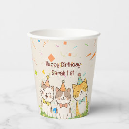Vasos De Papel Adorable Trio of Birthday Cats | Custom Name & Age