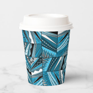 Vasos De Papel Adorno étnico monocromo azul.