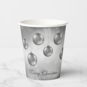 Vasos De Papel Adornos Navideños Gris Plateado Sobre Bokeh Gris