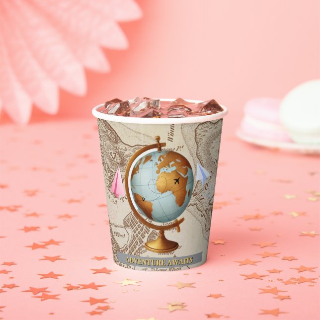 Vasos De Papel Adventure Awaits World Map Baby Shower (in situ)