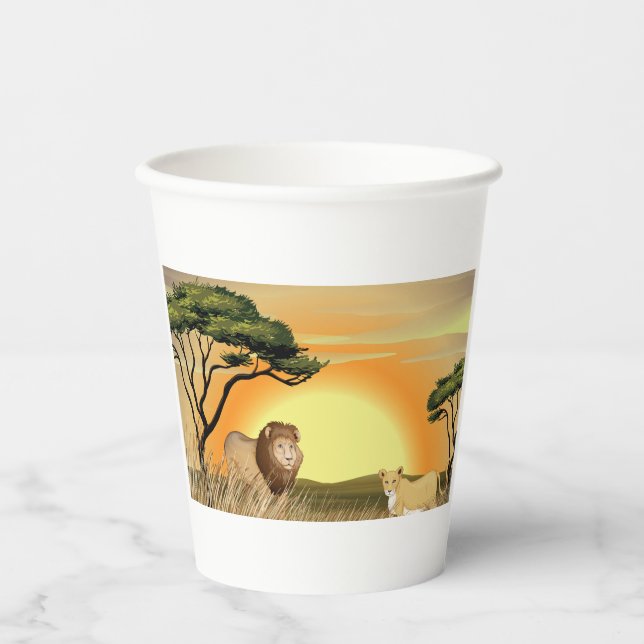 Vasos De Papel African Safari Sunset Lion and Lioness (Anverso)