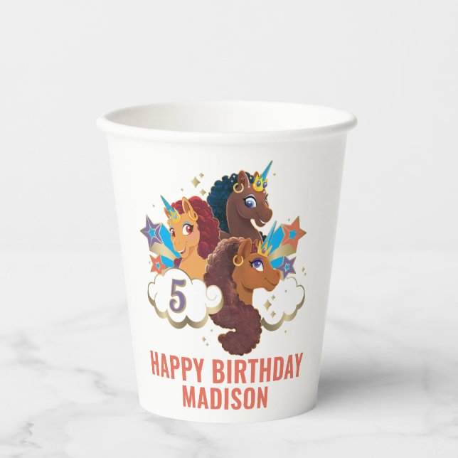 Vasos De Papel Afro Unicornio | Cumpleaños de Chicas mágicos (Anverso)