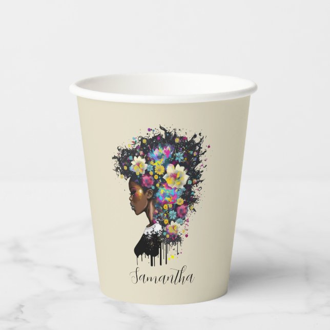 Vasos De Papel Afroamericana con flores (Anverso)