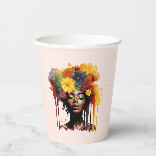 Vasos De Papel Afroamericana con pelo floral afro (Anverso)