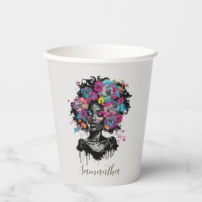 Vasos De Papel Afromujer con clase floral (Anverso)